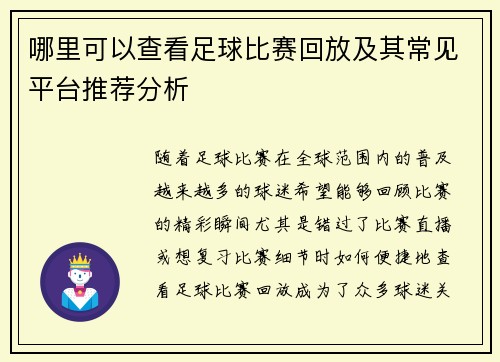 哪里可以查看足球比赛回放及其常见平台推荐分析