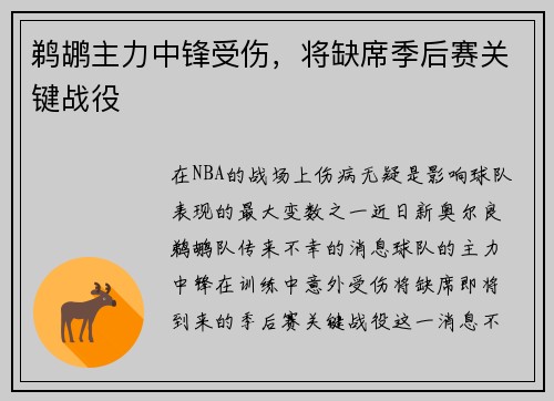 鹈鹕主力中锋受伤，将缺席季后赛关键战役